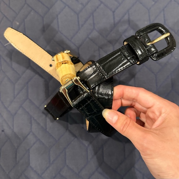 J. McLaughlin Black Leather Croc Embossed Bamboo Gold Hardware Belt Size L - Picture 2 of 5